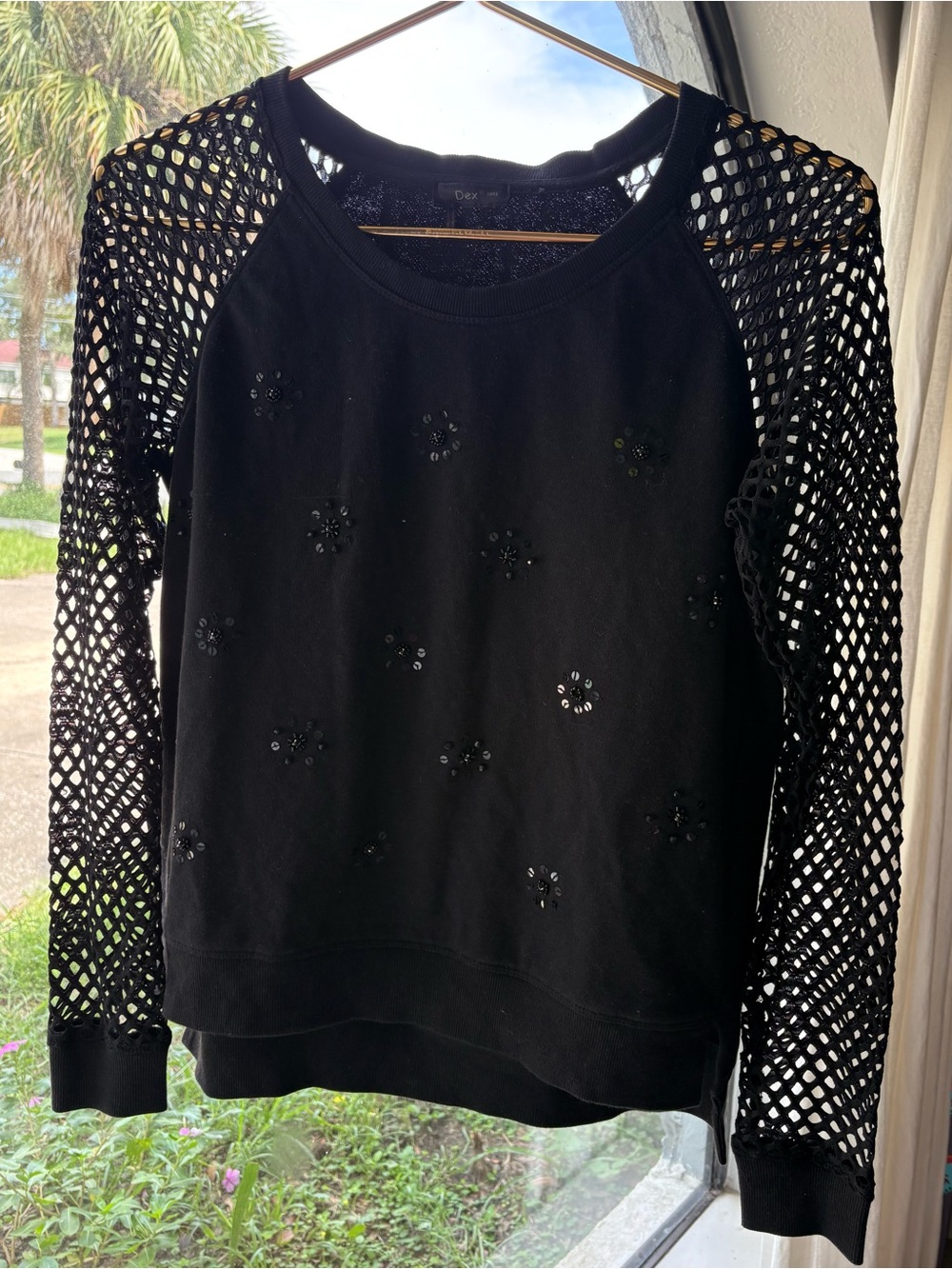 Dex Black Crewneck Sweater with Mesh Raglan Sleeves